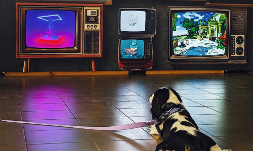 Tilly & Ted dog watching cartoons on TV